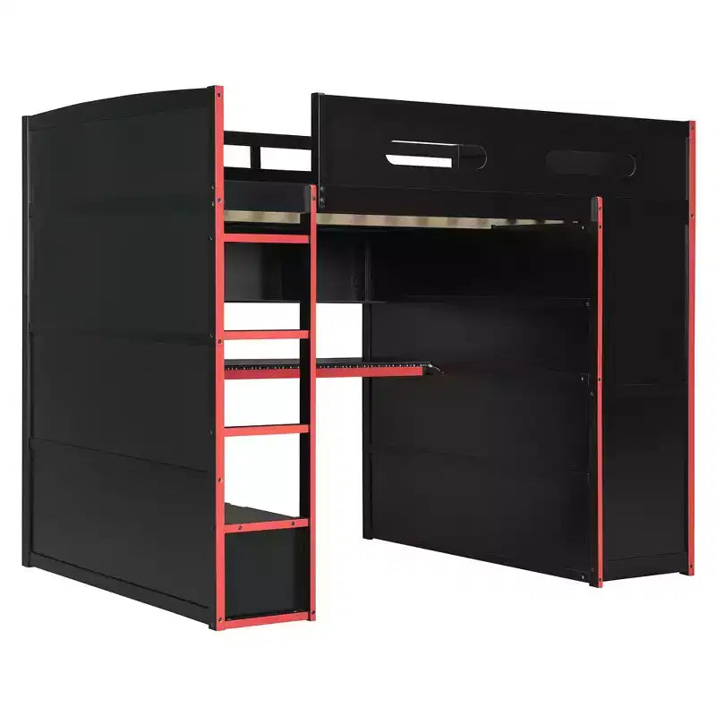 Merax Full Size Loft Bed with Desk, Wardrobe, RGB LED Lights & USB Charging Port  Stylish Black Frame with Multi-Storage Space for Game Lovers