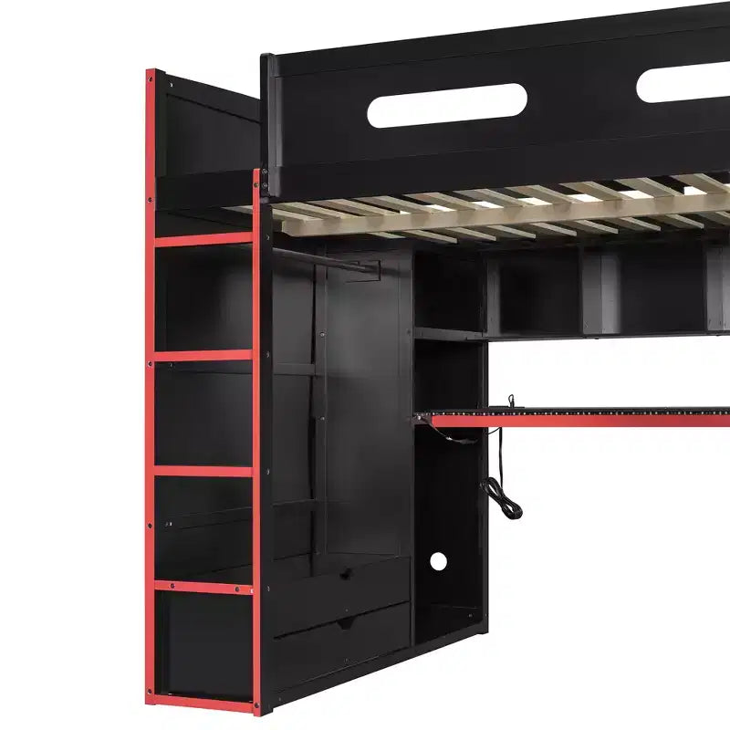 Merax Full Size Loft Bed with Desk, Wardrobe, RGB LED Lights & USB Charging Port  Stylish Black Frame with Multi-Storage Space for Game Lovers