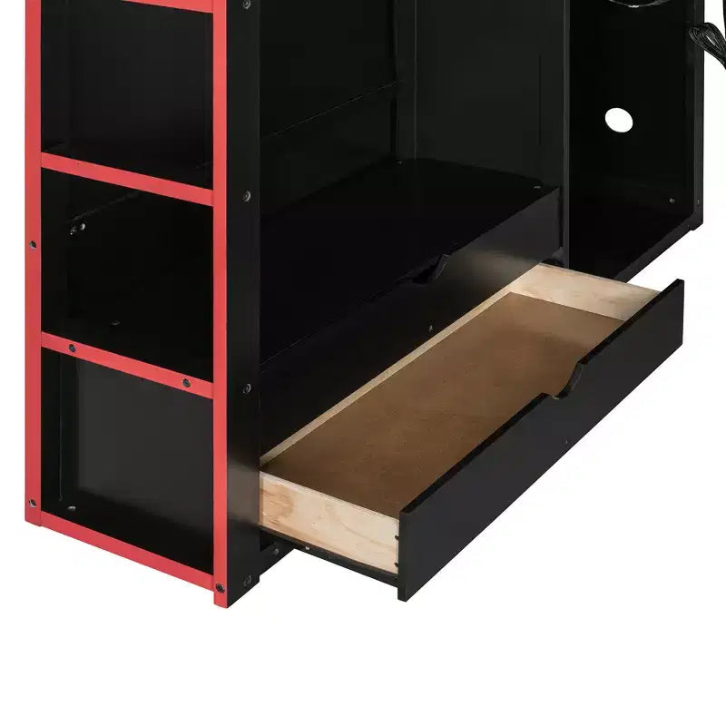 Merax Full Size Loft Bed with Desk, Wardrobe, RGB LED Lights & USB Charging Port  Stylish Black Frame with Multi-Storage Space for Game Lovers