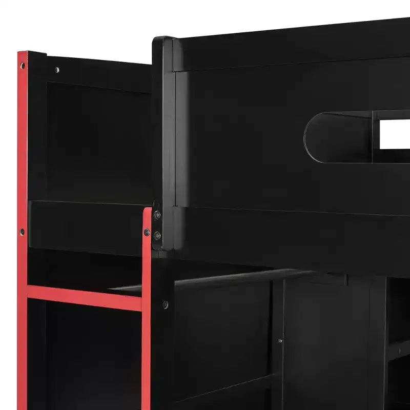 Merax Full Size Loft Bed with Desk, Wardrobe, RGB LED Lights & USB Charging Port  Stylish Black Frame with Multi-Storage Space for Game Lovers