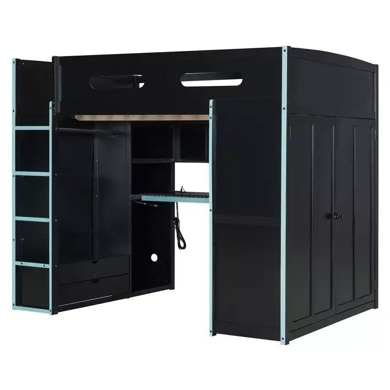 Merax Full Size Loft Bed with Desk, Wardrobe, RGB LED Lights & USB Charging Port  Stylish Black Frame with Multi-Storage Space for Game Lovers