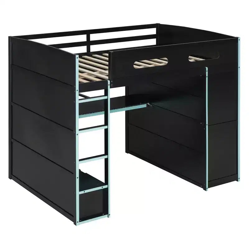 Merax Full Size Loft Bed with Desk, Wardrobe, RGB LED Lights & USB Charging Port  Stylish Black Frame with Multi-Storage Space for Game Lovers