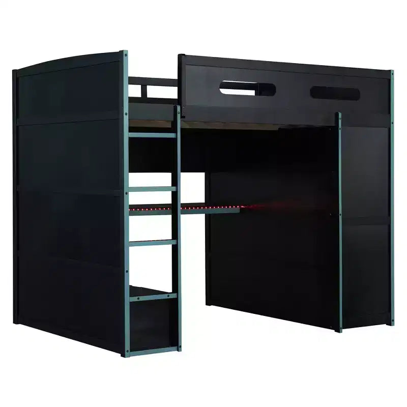 Merax Full Size Loft Bed with Desk, Wardrobe, RGB LED Lights & USB Charging Port  Stylish Black Frame with Multi-Storage Space for Game Lovers