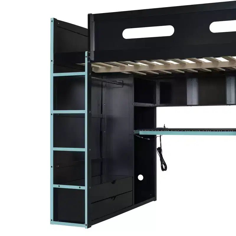 Merax Full Size Loft Bed with Desk, Wardrobe, RGB LED Lights & USB Charging Port  Stylish Black Frame with Multi-Storage Space for Game Lovers