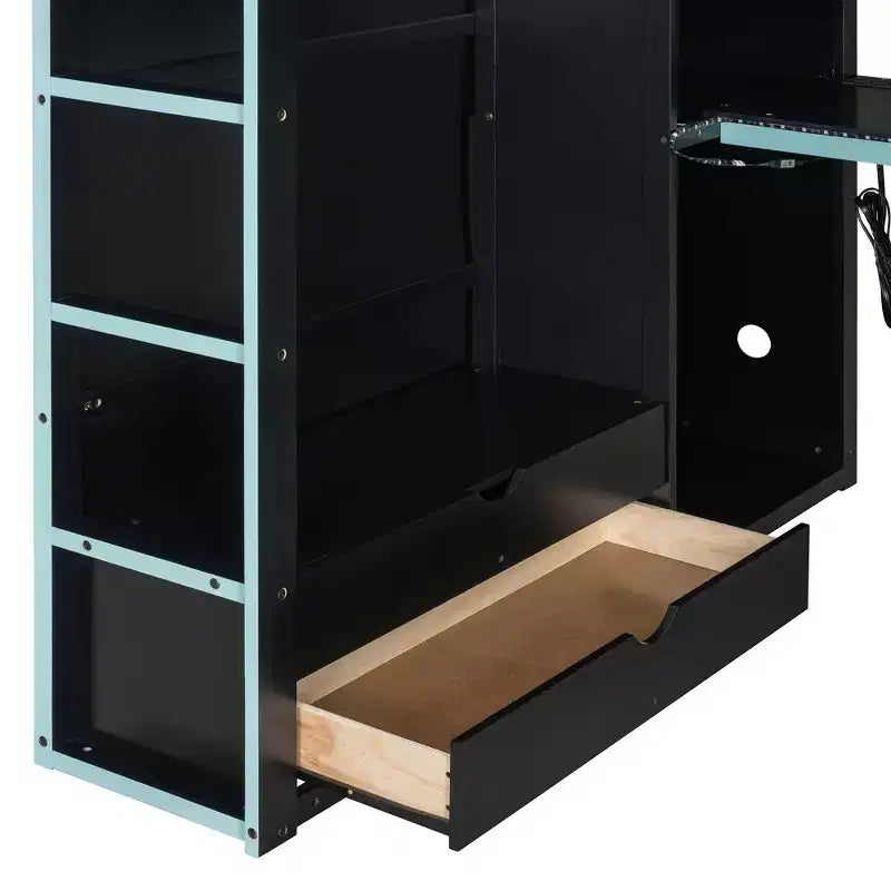 Merax Full Size Loft Bed with Desk, Wardrobe, RGB LED Lights & USB Charging Port  Stylish Black Frame with Multi-Storage Space for Game Lovers