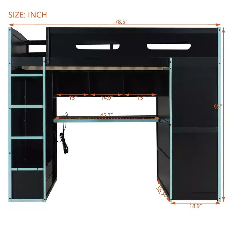 Merax Full Size Loft Bed with Desk, Wardrobe, RGB LED Lights & USB Charging Port  Stylish Black Frame with Multi-Storage Space for Game Lovers