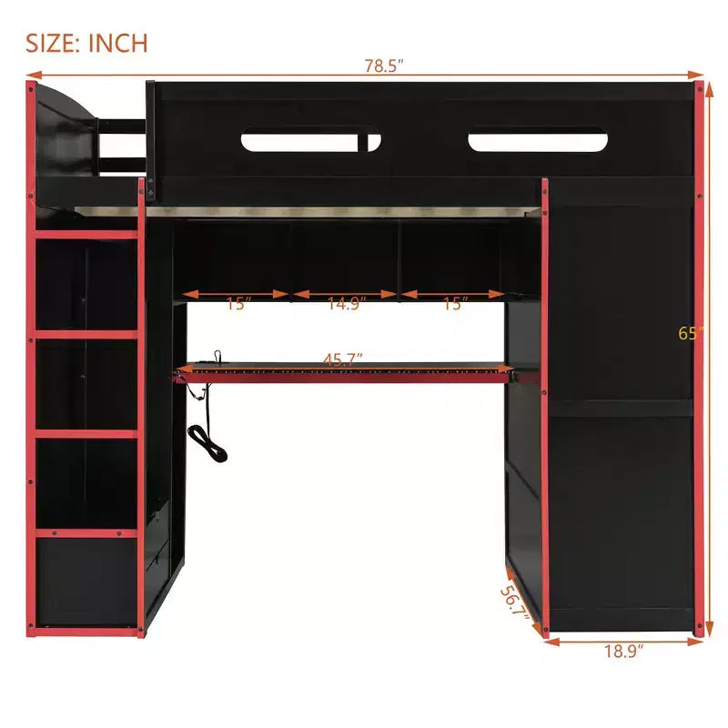Merax Full Size Loft Bed with Desk, Wardrobe, RGB LED Lights & USB Charging Port  Stylish Black Frame with Multi-Storage Space for Game Lovers