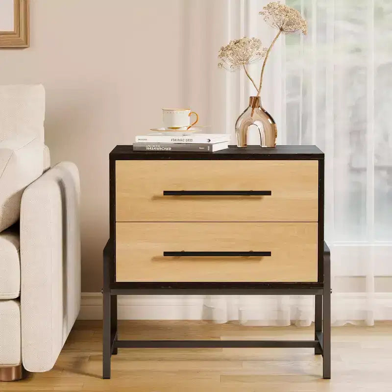 Light Wood Side Table with Metal Legs, Bedside Table with Storage, Mid Century Modern Side Tables for Bedroom Living Room.