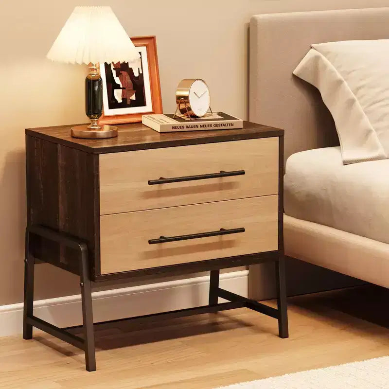 Light Wood Side Table with Metal Legs, Bedside Table with Storage, Mid Century Modern Side Tables for Bedroom Living Room.