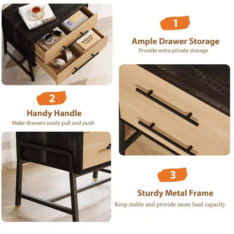 Light Wood Side Table with Metal Legs, Bedside Table with Storage, Mid Century Modern Side Tables for Bedroom Living Room.