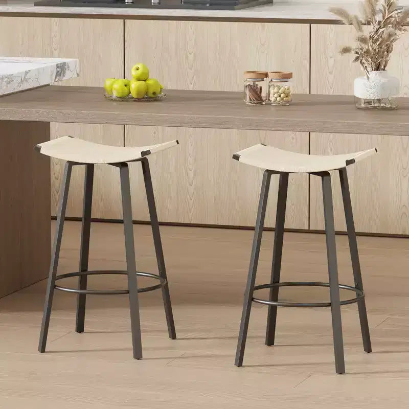 MAYEERTY Set of 2 Backless Counter Height Bar Stools PVC Woven Round Footrest Indoor Outdoor Use Black Creamy White