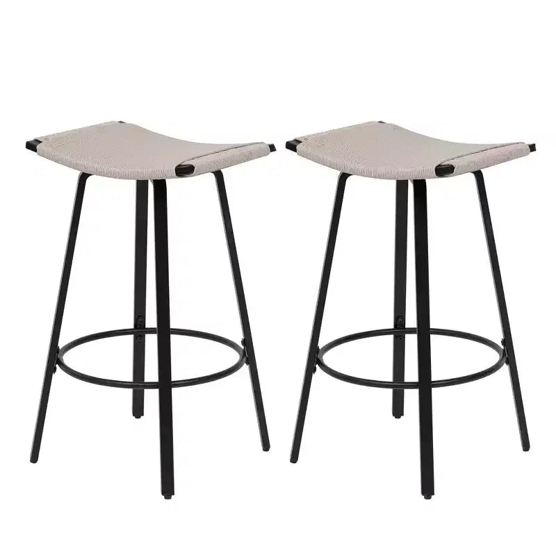 MAYEERTY Set of 2 Backless Counter Height Bar Stools PVC Woven Round Footrest Indoor Outdoor Use Black Creamy White