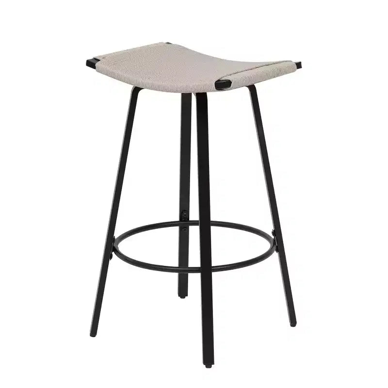 MAYEERTY Set of 2 Backless Counter Height Bar Stools PVC Woven Round Footrest Indoor Outdoor Use Black Creamy White