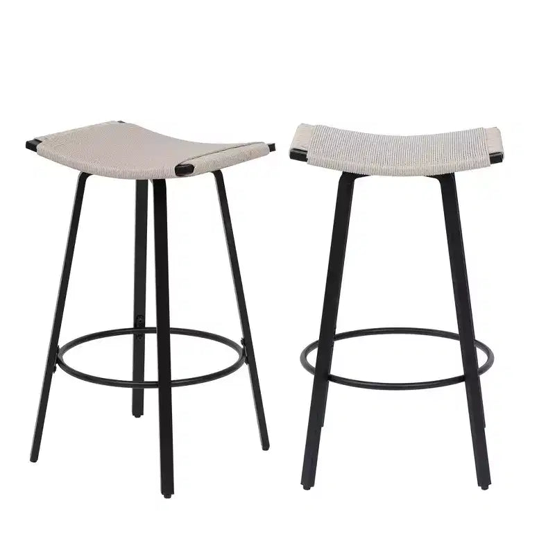 MAYEERTY Set of 2 Backless Counter Height Bar Stools PVC Woven Round Footrest Indoor Outdoor Use Black Creamy White