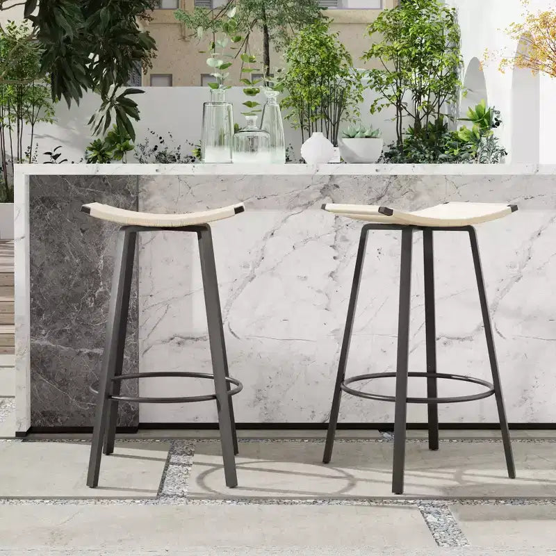MAYEERTY Set of 2 Backless Counter Height Bar Stools PVC Woven Round Footrest Indoor Outdoor Use Black Creamy White