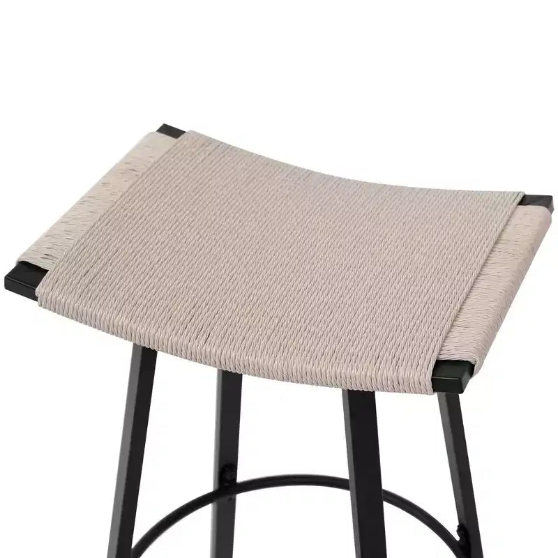 MAYEERTY Set of 2 Backless Counter Height Bar Stools PVC Woven Round Footrest Indoor Outdoor Use Black Creamy White
