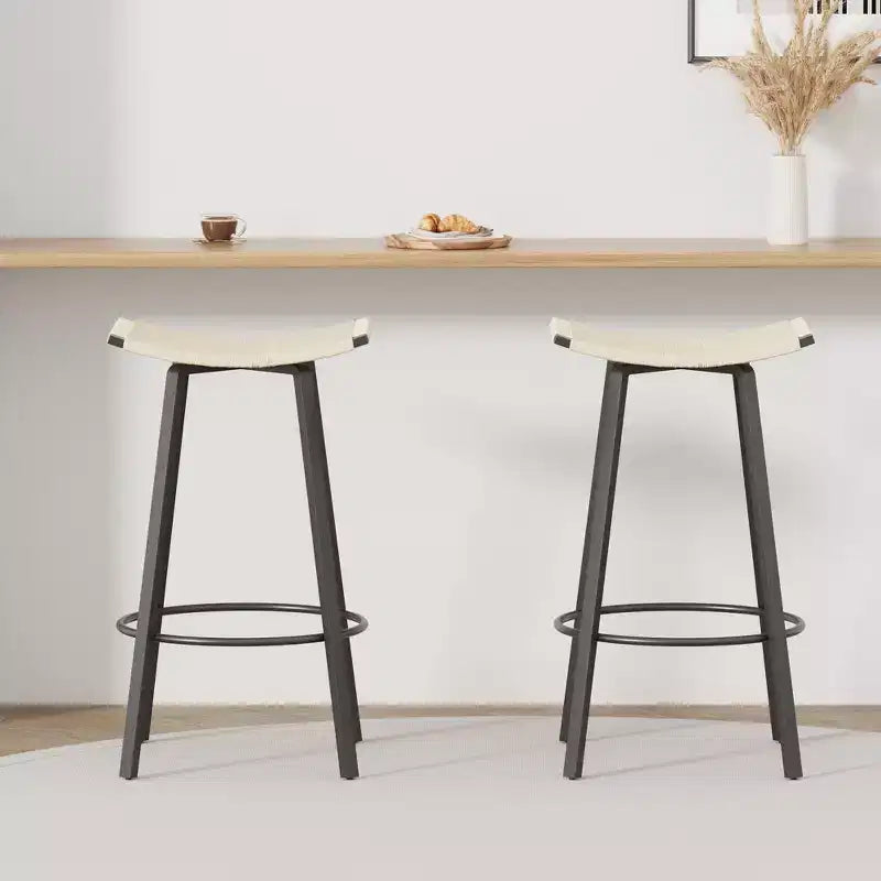 MAYEERTY Set of 2 Backless Counter Height Bar Stools PVC Woven Round Footrest Indoor Outdoor Use Black Creamy White