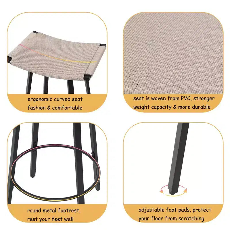 MAYEERTY Set of 2 Backless Counter Height Bar Stools PVC Woven Round Footrest Indoor Outdoor Use Black Creamy White