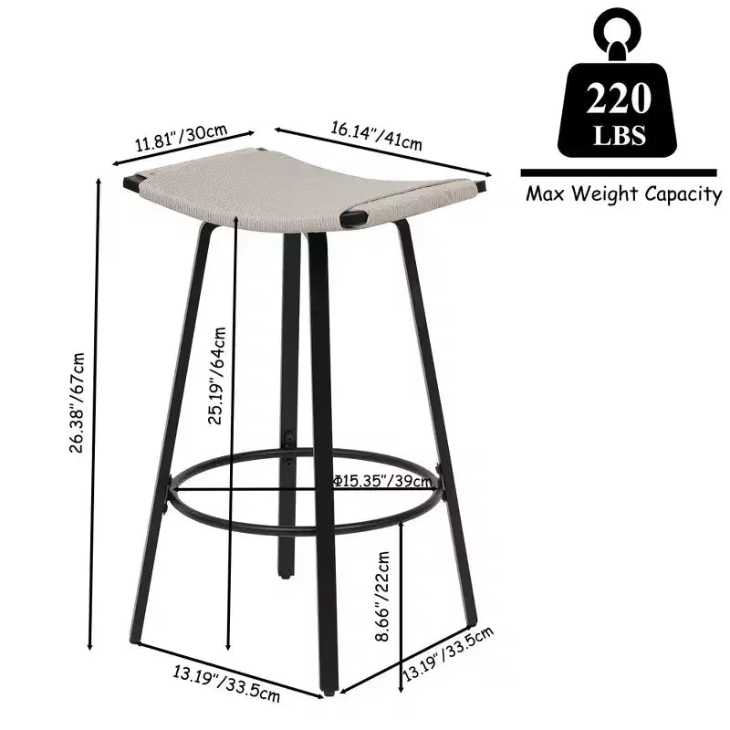 MAYEERTY Set of 2 Backless Counter Height Bar Stools PVC Woven Round Footrest Indoor Outdoor Use Black Creamy White