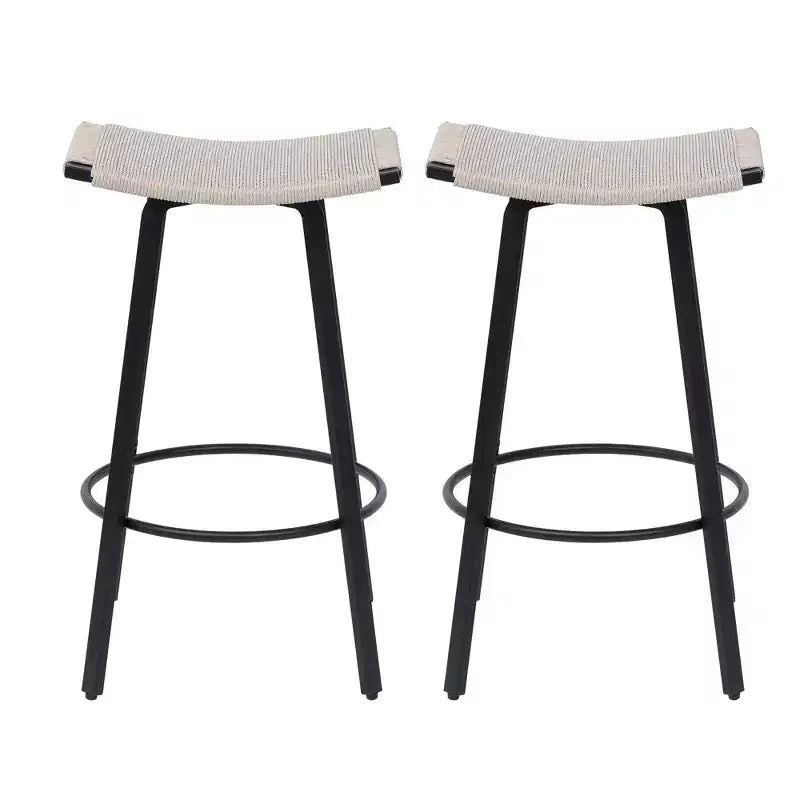 MAYEERTY Set of 2 Backless Counter Height Bar Stools PVC Woven Round Footrest Indoor Outdoor Use Black Creamy White