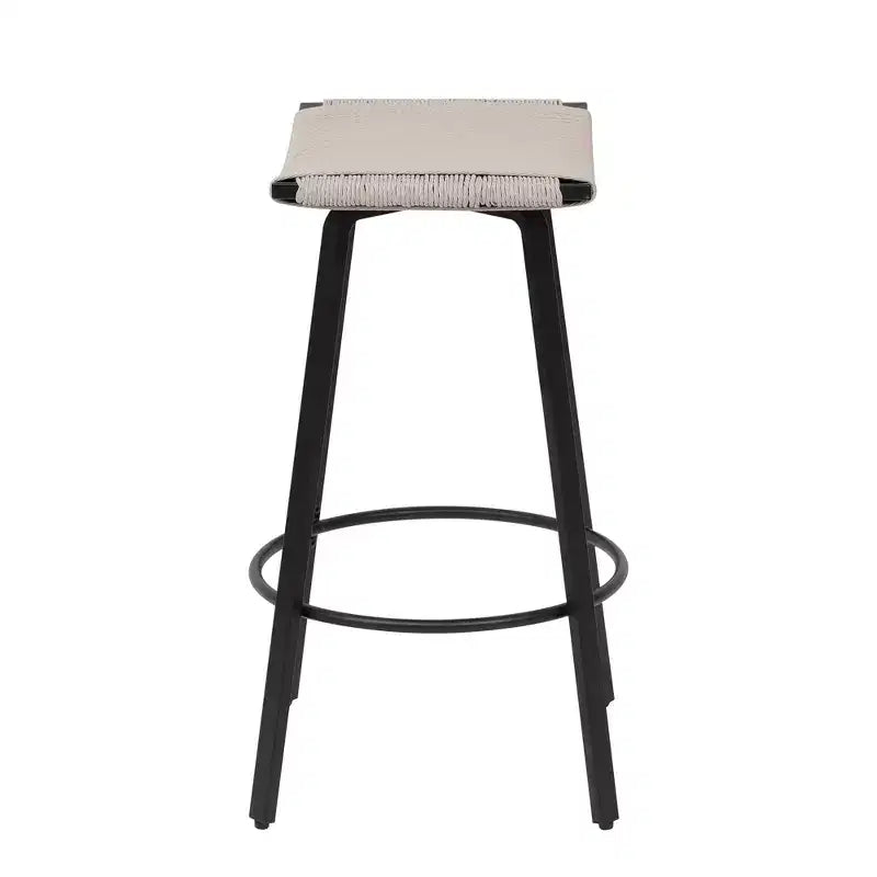 MAYEERTY Set of 2 Backless Counter Height Bar Stools PVC Woven Round Footrest Indoor Outdoor Use Black Creamy White