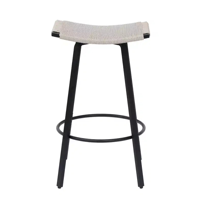 MAYEERTY Set of 2 Backless Counter Height Bar Stools PVC Woven Round Footrest Indoor Outdoor Use Black Creamy White