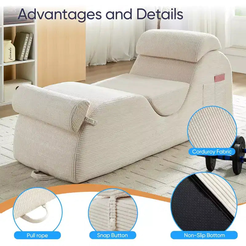 Mjkone Corduroy Yoga Chaise Lounge Chair,Curved Yoga Lounger Sofa with Movable Headrest/Waist Cushion/Footrest,Non-Slip Bottom