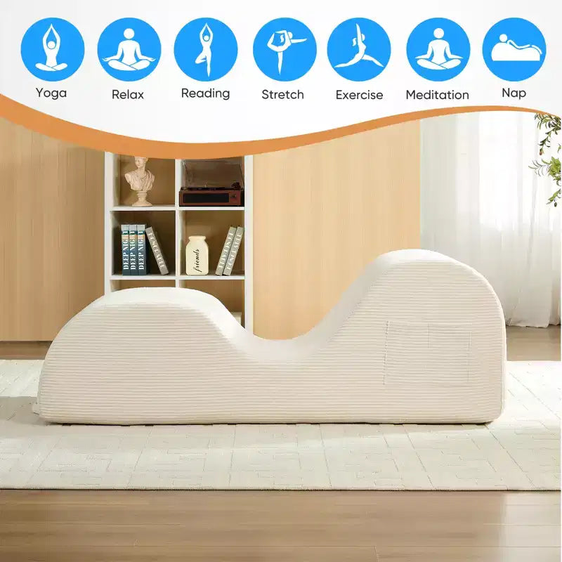 Mjkone Corduroy Yoga Chaise Lounge Chair,Curved Yoga Lounger Sofa with Movable Headrest/Waist Cushion/Footrest,Non-Slip Bottom