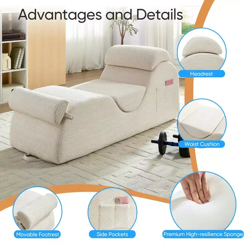 Mjkone Corduroy Yoga Chaise Lounge Chair,Curved Yoga Lounger Sofa with Movable Headrest/Waist Cushion/Footrest,Non-Slip Bottom