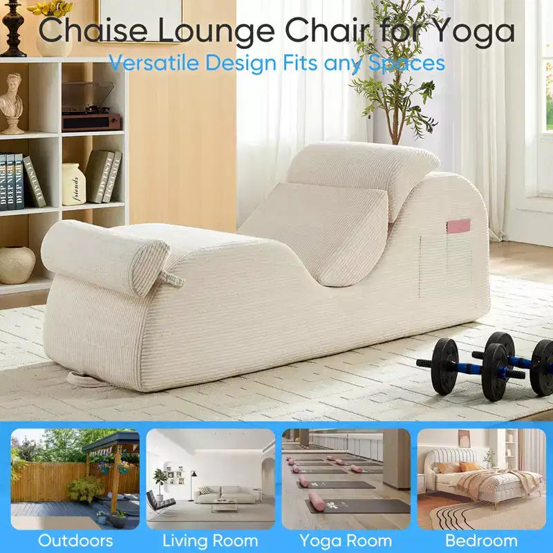 Mjkone Corduroy Yoga Chaise Lounge Chair,Curved Yoga Lounger Sofa with Movable Headrest/Waist Cushion/Footrest,Non-Slip Bottom