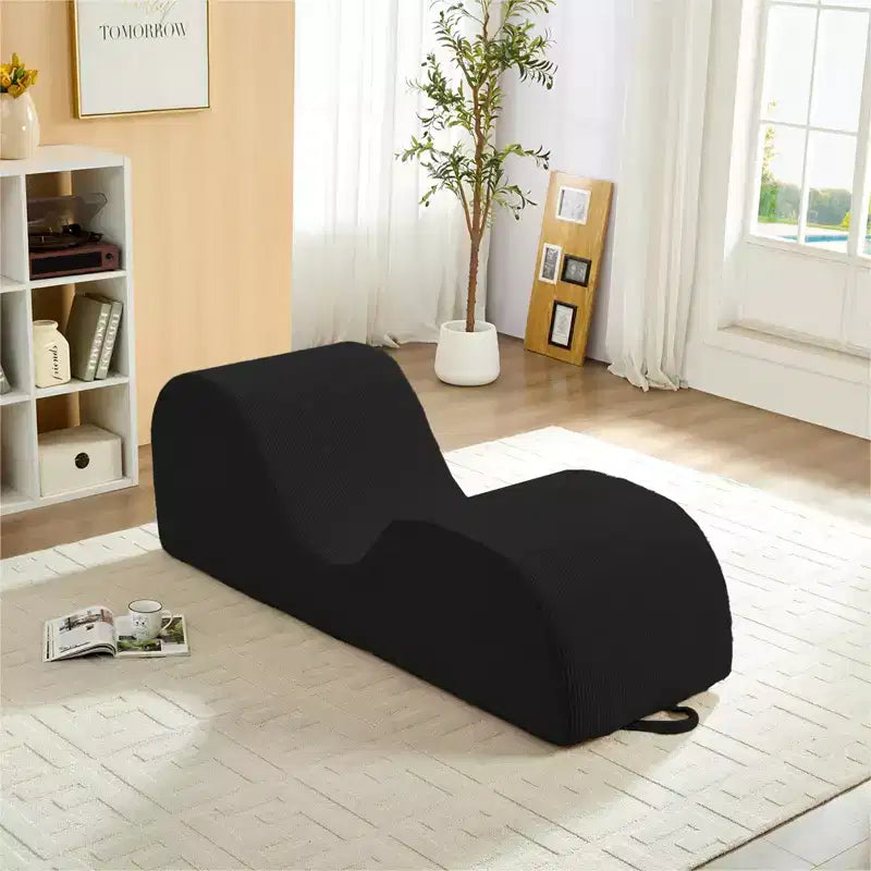 Mjkone Corduroy Yoga Chaise Lounge Chair,Curved Yoga Lounger Sofa with Movable Headrest/Waist Cushion/Footrest,Non-Slip Bottom