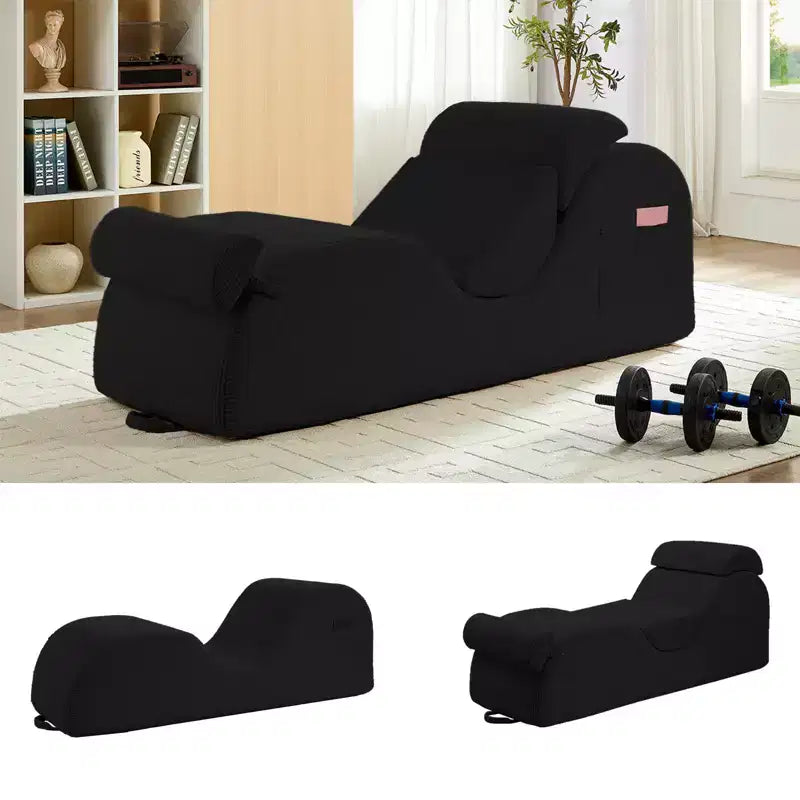 Mjkone Corduroy Yoga Chaise Lounge Chair,Curved Yoga Lounger Sofa with Movable Headrest/Waist Cushion/Footrest,Non-Slip Bottom