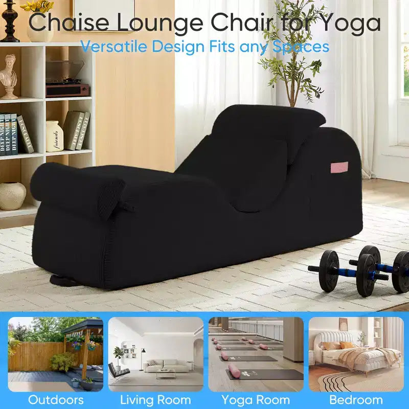 Mjkone Corduroy Yoga Chaise Lounge Chair,Curved Yoga Lounger Sofa with Movable Headrest/Waist Cushion/Footrest,Non-Slip Bottom