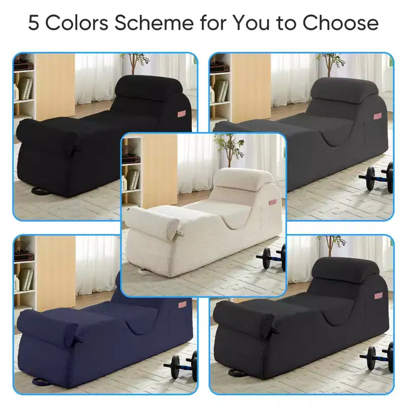 Mjkone Corduroy Yoga Chaise Lounge Chair,Curved Yoga Lounger Sofa with Movable Headrest/Waist Cushion/Footrest,Non-Slip Bottom