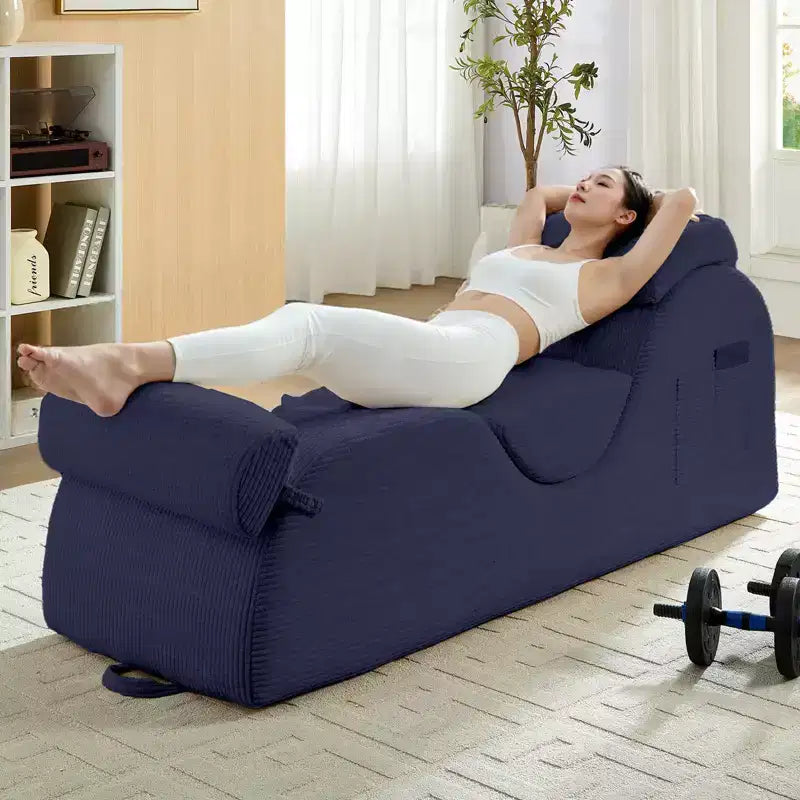 Mjkone Corduroy Yoga Chaise Lounge Chair,Curved Yoga Lounger Sofa with Movable Headrest/Waist Cushion/Footrest,Non-Slip Bottom