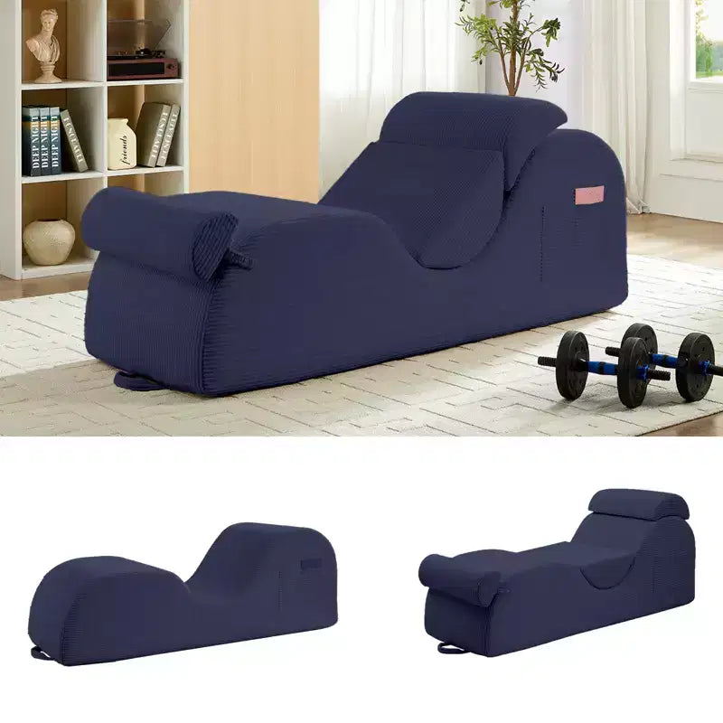 Mjkone Corduroy Yoga Chaise Lounge Chair,Curved Yoga Lounger Sofa with Movable Headrest/Waist Cushion/Footrest,Non-Slip Bottom