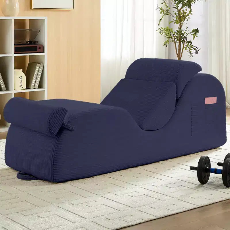 Mjkone Corduroy Yoga Chaise Lounge Chair,Curved Yoga Lounger Sofa with Movable Headrest/Waist Cushion/Footrest,Non-Slip Bottom