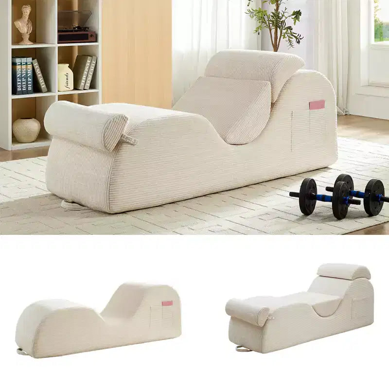Mjkone Corduroy Yoga Chaise Lounge Chair,Curved Yoga Lounger Sofa with Movable Headrest/Waist Cushion/Footrest,Non-Slip Bottom