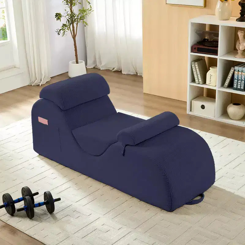 Mjkone Corduroy Yoga Chaise Lounge Chair,Curved Yoga Lounger Sofa with Movable Headrest/Waist Cushion/Footrest,Non-Slip Bottom