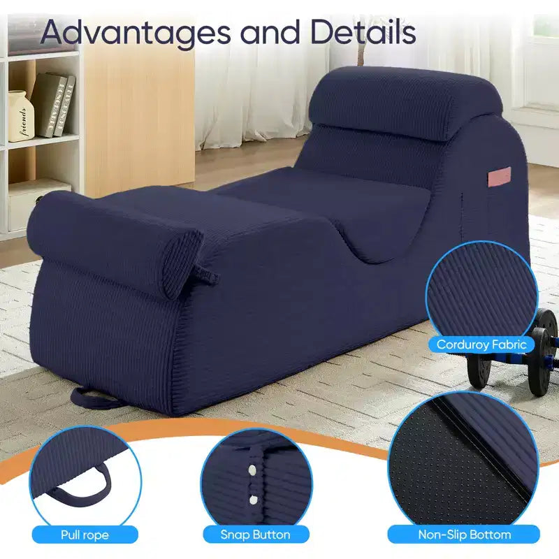 Mjkone Corduroy Yoga Chaise Lounge Chair,Curved Yoga Lounger Sofa with Movable Headrest/Waist Cushion/Footrest,Non-Slip Bottom