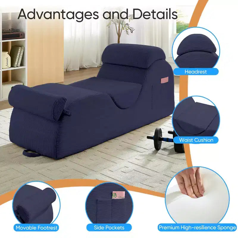 Mjkone Corduroy Yoga Chaise Lounge Chair,Curved Yoga Lounger Sofa with Movable Headrest/Waist Cushion/Footrest,Non-Slip Bottom