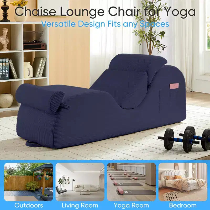 Mjkone Corduroy Yoga Chaise Lounge Chair,Curved Yoga Lounger Sofa with Movable Headrest/Waist Cushion/Footrest,Non-Slip Bottom