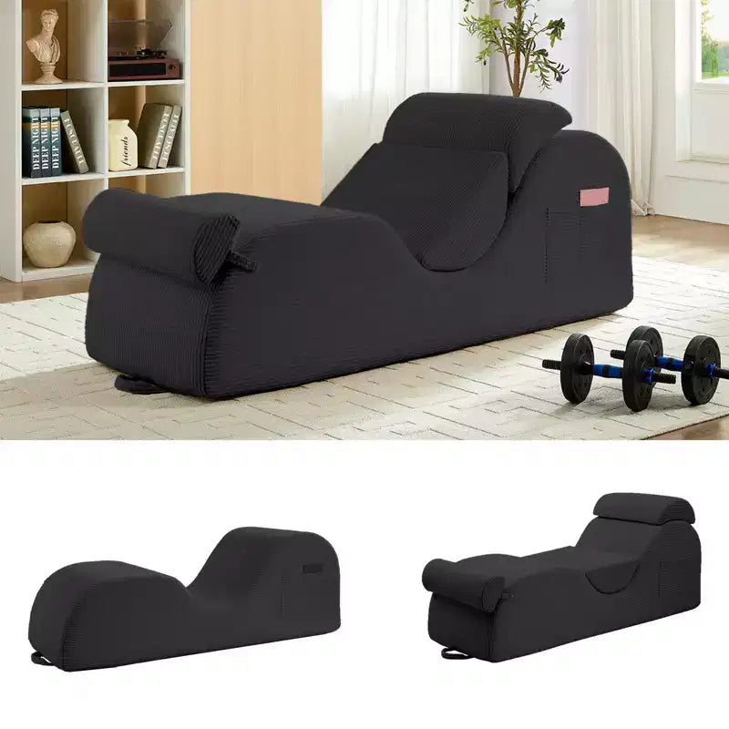Mjkone Corduroy Yoga Chaise Lounge Chair,Curved Yoga Lounger Sofa with Movable Headrest/Waist Cushion/Footrest,Non-Slip Bottom