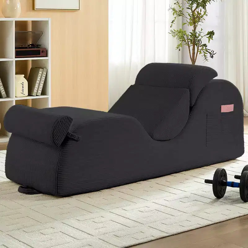 Mjkone Corduroy Yoga Chaise Lounge Chair,Curved Yoga Lounger Sofa with Movable Headrest/Waist Cushion/Footrest,Non-Slip Bottom