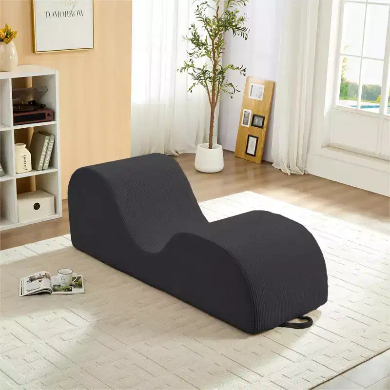 Mjkone Corduroy Yoga Chaise Lounge Chair,Curved Yoga Lounger Sofa with Movable Headrest/Waist Cushion/Footrest,Non-Slip Bottom
