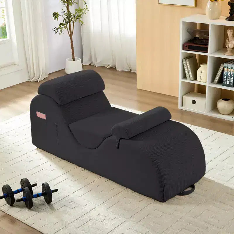 Mjkone Corduroy Yoga Chaise Lounge Chair,Curved Yoga Lounger Sofa with Movable Headrest/Waist Cushion/Footrest,Non-Slip Bottom