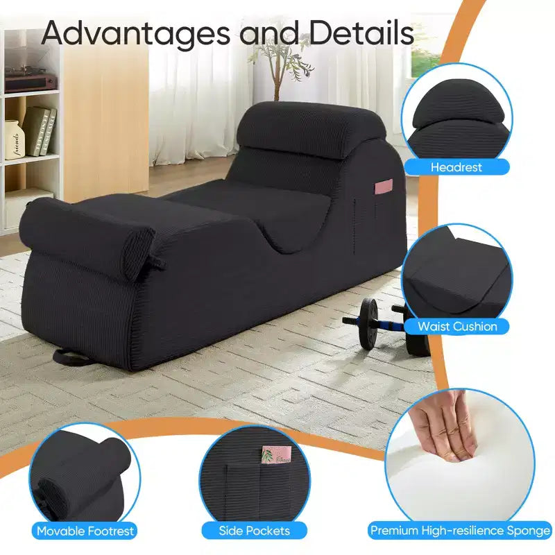 Mjkone Corduroy Yoga Chaise Lounge Chair,Curved Yoga Lounger Sofa with Movable Headrest/Waist Cushion/Footrest,Non-Slip Bottom