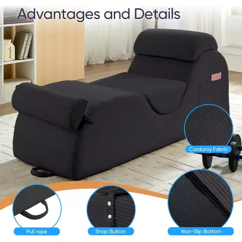 Mjkone Corduroy Yoga Chaise Lounge Chair,Curved Yoga Lounger Sofa with Movable Headrest/Waist Cushion/Footrest,Non-Slip Bottom