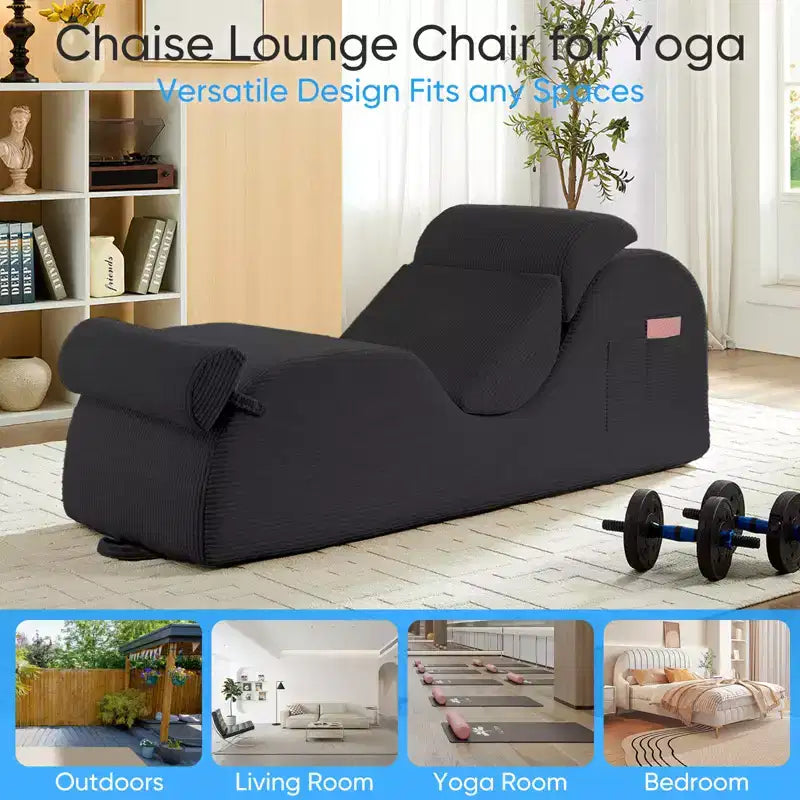 Mjkone Corduroy Yoga Chaise Lounge Chair,Curved Yoga Lounger Sofa with Movable Headrest/Waist Cushion/Footrest,Non-Slip Bottom