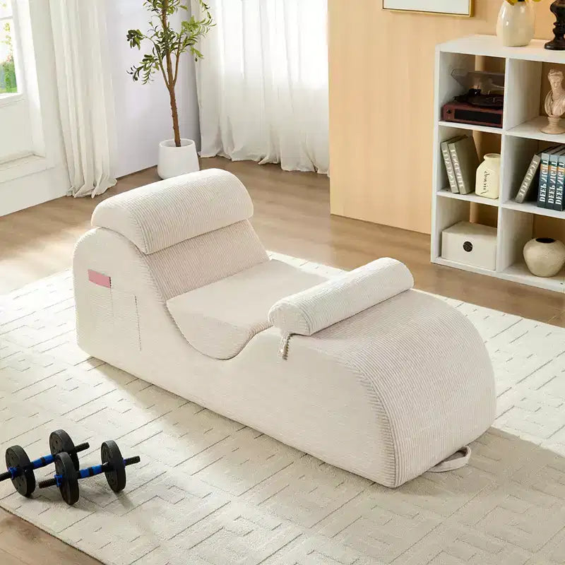 Mjkone Corduroy Yoga Chaise Lounge Chair,Curved Yoga Lounger Sofa with Movable Headrest/Waist Cushion/Footrest,Non-Slip Bottom